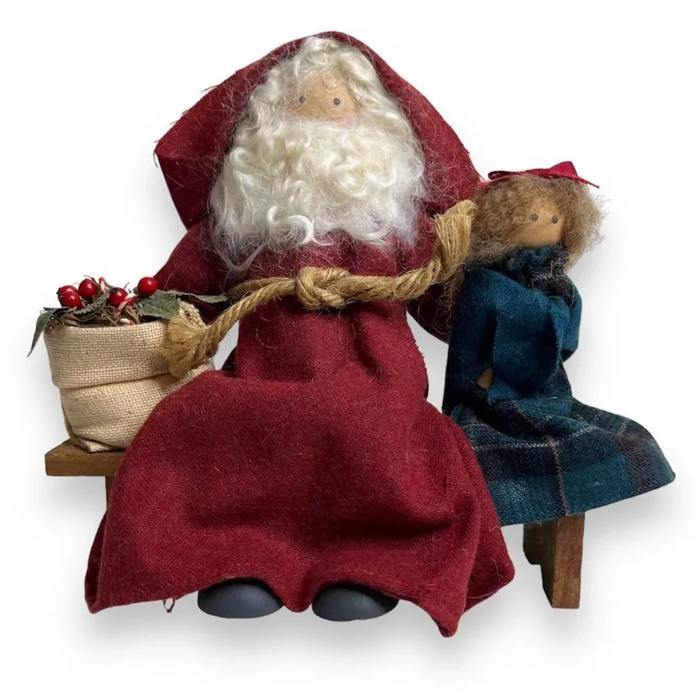 Vintage Lizzie High Wooden Folk Dolls Removable Santa Child Bench Handcrafted